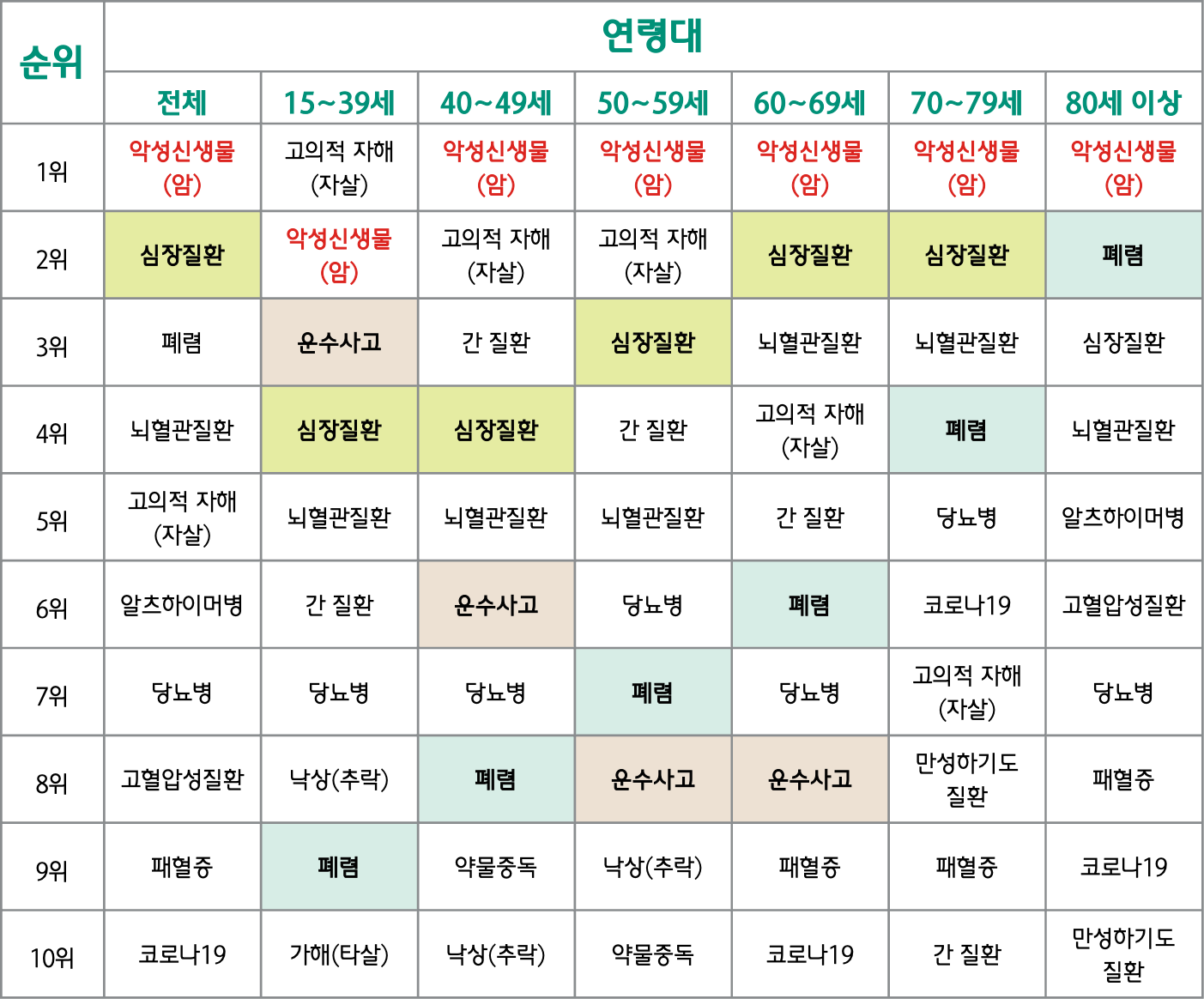 연령대별 사망원인 현황