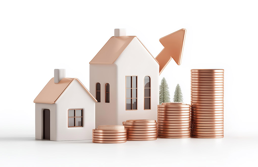 모형 집옆에 동전이 쌓여있는 그림