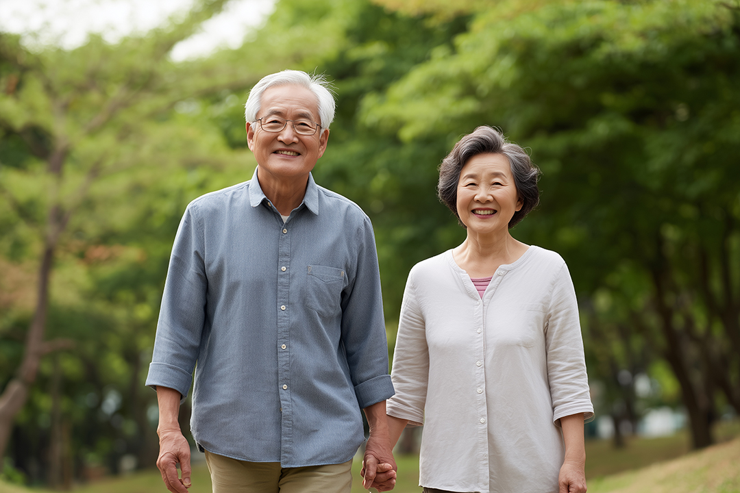 웃으며 손잡고 있는 노년의 남녀