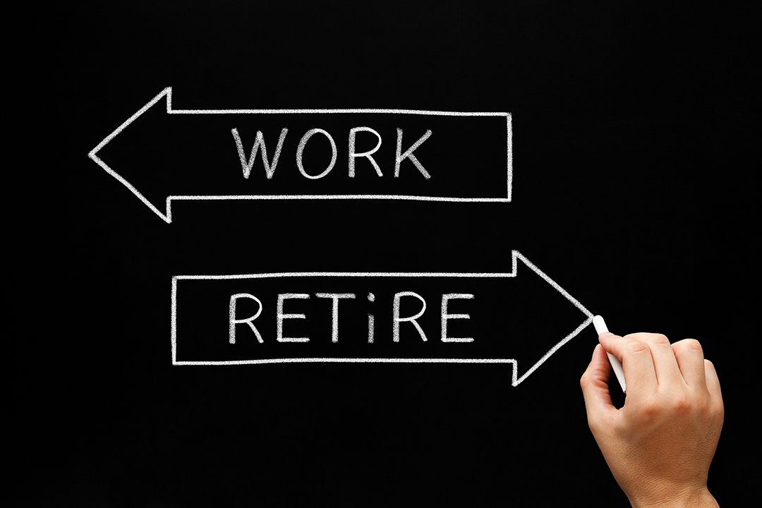 WORK라고 써있는 화살표, RETiRE 라고 써있는 화살표